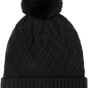 BYOS, Women's Black, Diamond Pattern, Knit Hat w/ Faux Fur Pom Pom/Fleece Lining